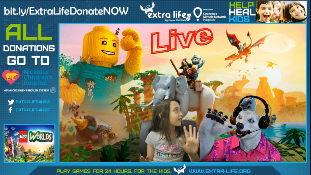 Lego Worlds Extra Life stream graphic