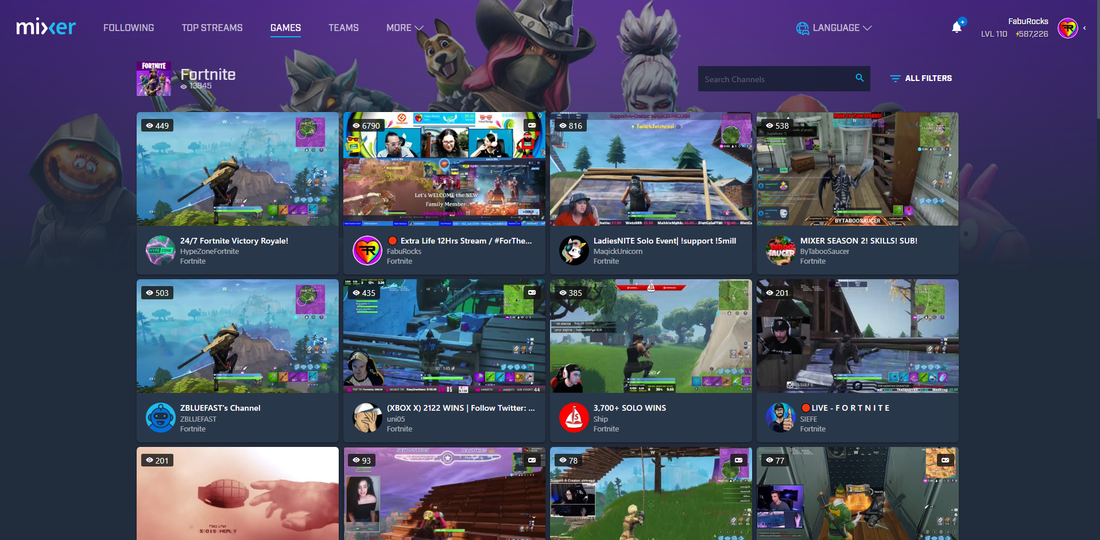 FabuRocks family stream preview in the Mixer Fortnite directory